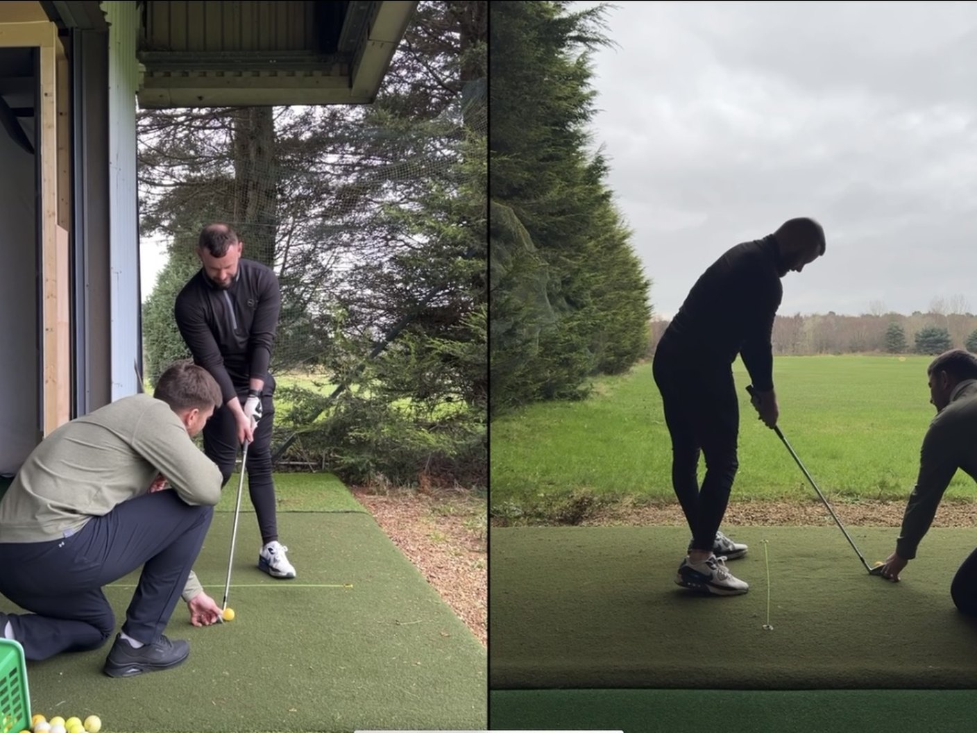 Coach checking ball position with a player on the outdoor range at Woodside Golf Club